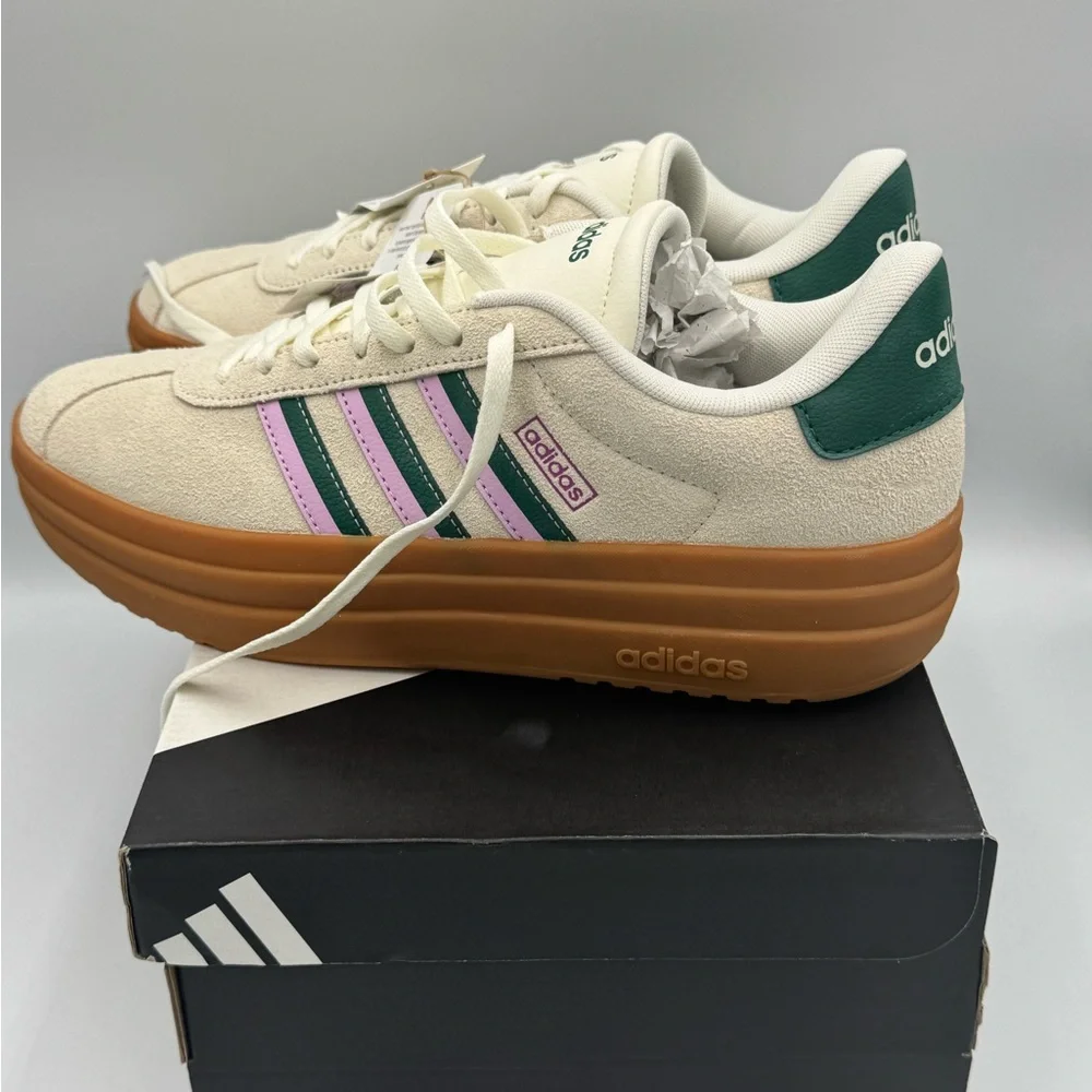 Adidas VL Court Bold Cream Sneakers with Green and Pink Stripes 10womens new - Picture 5 of 9